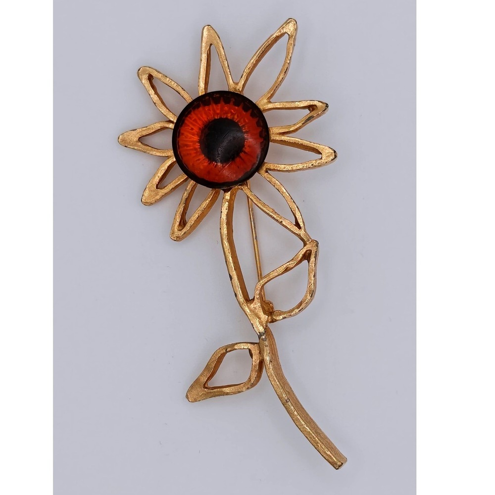 Vintage Kramer of New York Gold Tone Amber Glass Eye Flower Brooch Pin Modernist